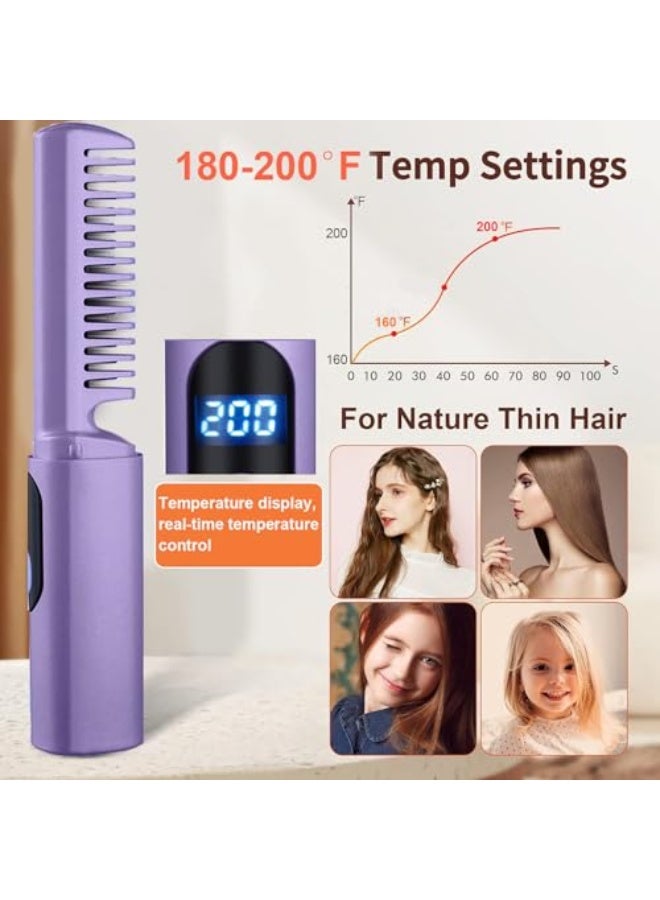 Rechargeable Hair Straightener, Portable Mini Hairbrush, Ionic Comb, USB Powered, with LCD Temperature Display, Small Cordless, for Home and Travel, Purple Ceramic - Image 3
