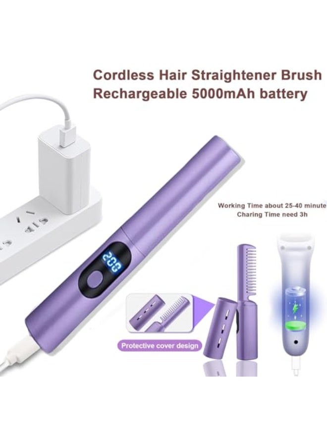Rechargeable Hair Straightener, Portable Mini Hairbrush, Ionic Comb, USB Powered, with LCD Temperature Display, Small Cordless, for Home and Travel, Purple Ceramic - Image 5