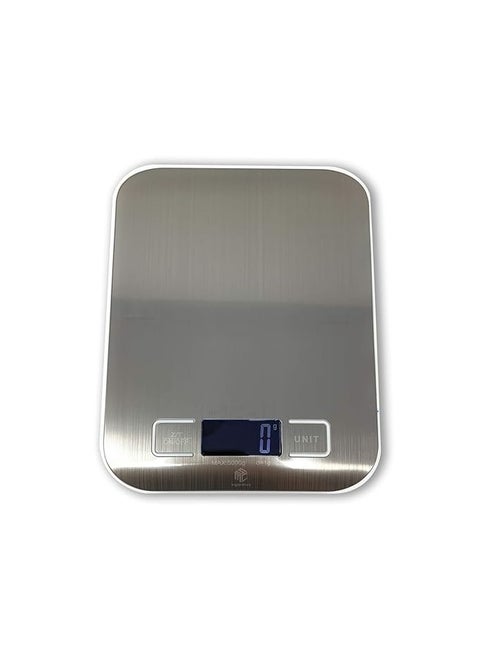 MSC High-precision digital electronic kitchen scale to measure the weight of coffee and cooking purposes, LCD display, multi-function, tare weight drop feature, stainless steel, A-batteries, 5 kg, silver