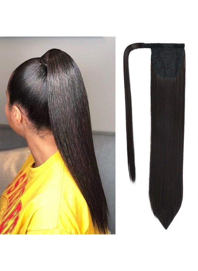 SEIKEA Clip in Ponytail Extension Wrap Around Long Straight Ponytail Natural Soft Synthetic Hairpiece for Women 28 Inch- Black Brown  - Image 1