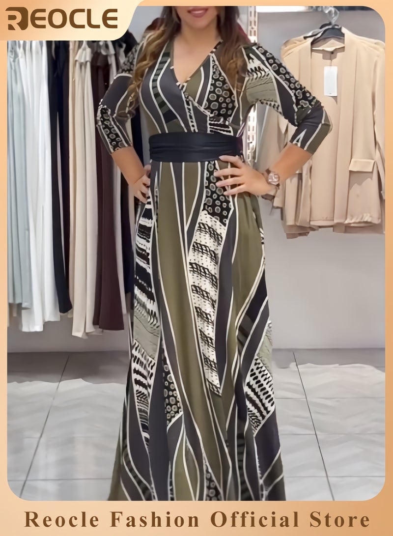 ريوكل فستان أنيق بطبعة مطبوعة وياقة على شكل V فستان فني للنساء فستان بأكمام طويلة مع حزام فستان ماكسي طويل للمنتجعات - Image 1