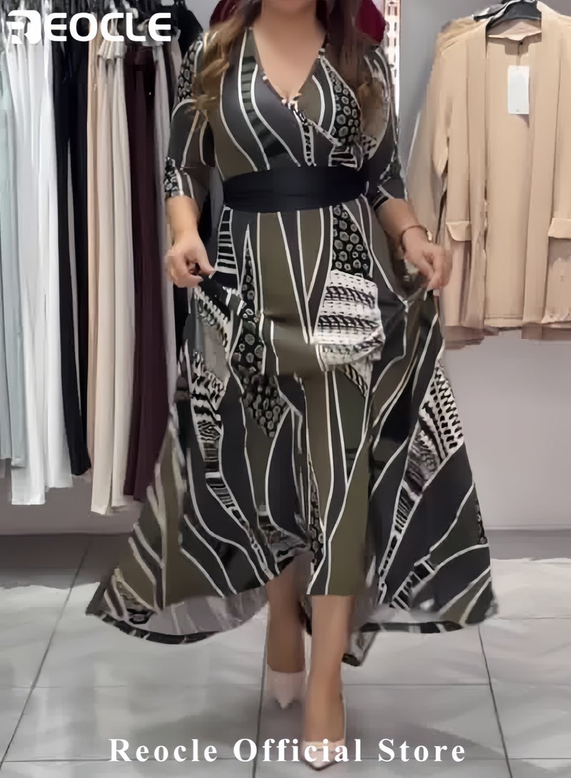 ريوكل فستان أنيق بطبعة مطبوعة وياقة على شكل V فستان فني للنساء فستان بأكمام طويلة مع حزام فستان ماكسي طويل للمنتجعات - Image 2