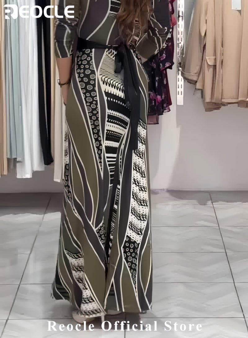 ريوكل فستان أنيق بطبعة مطبوعة وياقة على شكل V فستان فني للنساء فستان بأكمام طويلة مع حزام فستان ماكسي طويل للمنتجعات - Image 3