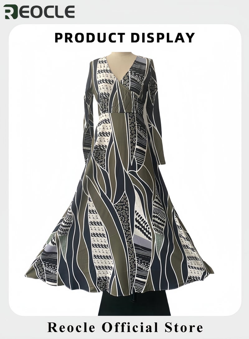 ريوكل فستان أنيق بطبعة مطبوعة وياقة على شكل V فستان فني للنساء فستان بأكمام طويلة مع حزام فستان ماكسي طويل للمنتجعات - Image 4