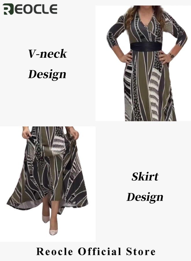 ريوكل فستان أنيق بطبعة مطبوعة وياقة على شكل V فستان فني للنساء فستان بأكمام طويلة مع حزام فستان ماكسي طويل للمنتجعات - Image 5