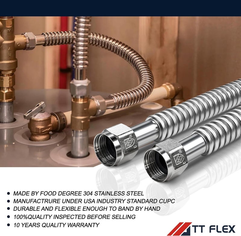 TT FLEX Stainless Steel Corrugated Water Heater Connector Flexible for Water Heater Water Softener,3/4" FIP x 3/4" FIP, 18" Length (2 Pack) - Image 5