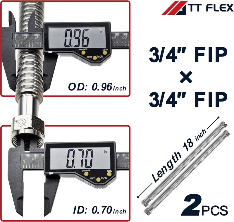 TT FLEX Stainless Steel Corrugated Water Heater Connector Flexible for Water Heater Water Softener,3/4" FIP x 3/4" FIP, 18" Length (2 Pack) - Image 3