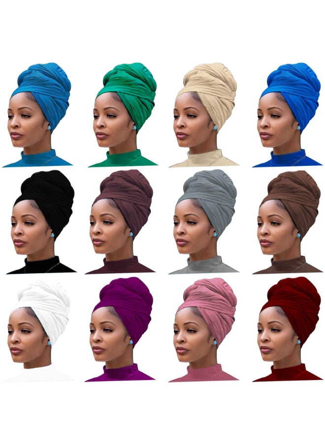 Messen 12 Pieces Head Wrap Scarf Stretch Jersey Turban Extra Long Ultra Soft Urban Headwraps for Women Solid Color African Headwear Headband Tie Set 01 - Image 3