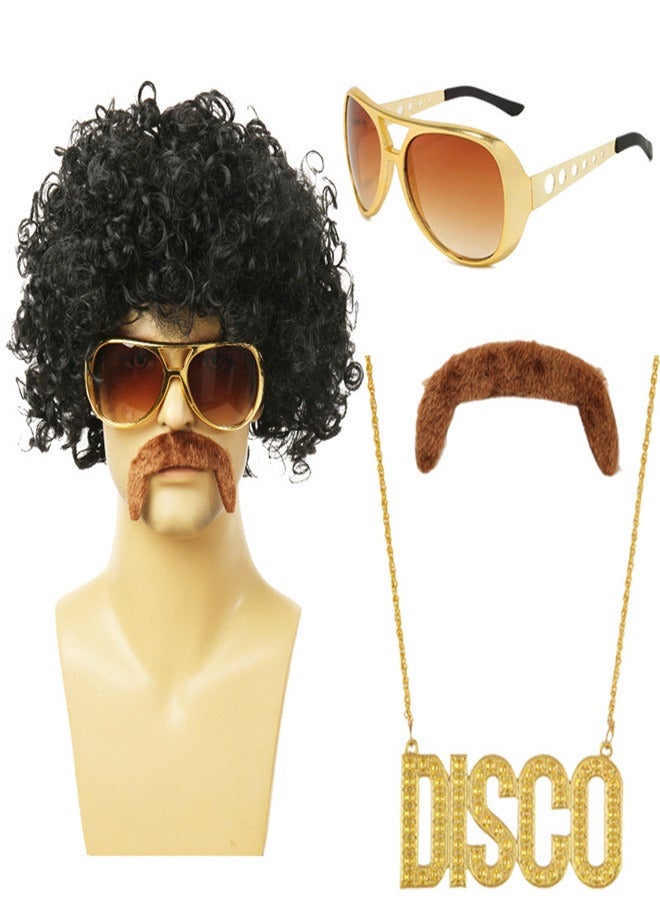 70s 80s Disco wig with Mustache Glasses Artificial Necklace Golden Chain Short Curly Hair Afro Mens Wig for Hippies Costume Cosplay Party Rocker Wig Party Cosplay Wig