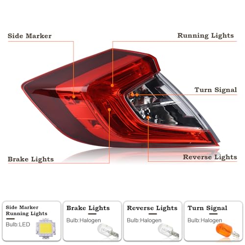 KAMDKI With Side Marker LH Outer Tail Light Fit for 2016 2017 2018 2019 2020 2021 Honda Civic 4-Door Sedan Rear Lamp With Bulbs Rear Lights Left Driver Side HO2804110 33550TBAA01 - Image 3
