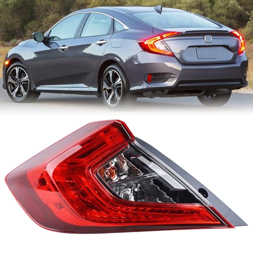 KAMDKI With Side Marker LH Outer Tail Light Fit for 2016 2017 2018 2019 2020 2021 Honda Civic 4-Door Sedan Rear Lamp With Bulbs Rear Lights Left Driver Side HO2804110 33550TBAA01 - Image 1