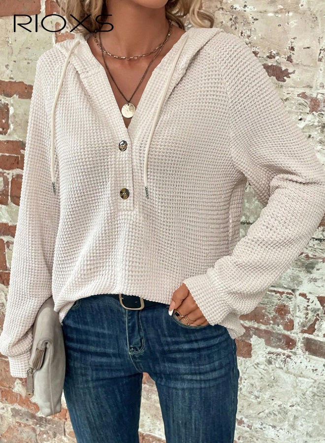 ريوكس بلوزات نسائية كبيرة الحجم من نسيج الوافل مع أزرار، بلوزات عصرية فضفاضة بأكمام طويلة وياقة على شكل V للسيدات، بلوزات بغطاء رأس وجيوب، بلوزات مريحة وخفيفة الوزن برباط للربط، ملابس شتوية وخريفية للمكتب والحفلات والمدرسة والجري والرياضة والنادي الرياضي والمزيد، باللون الأبيض - Image 2