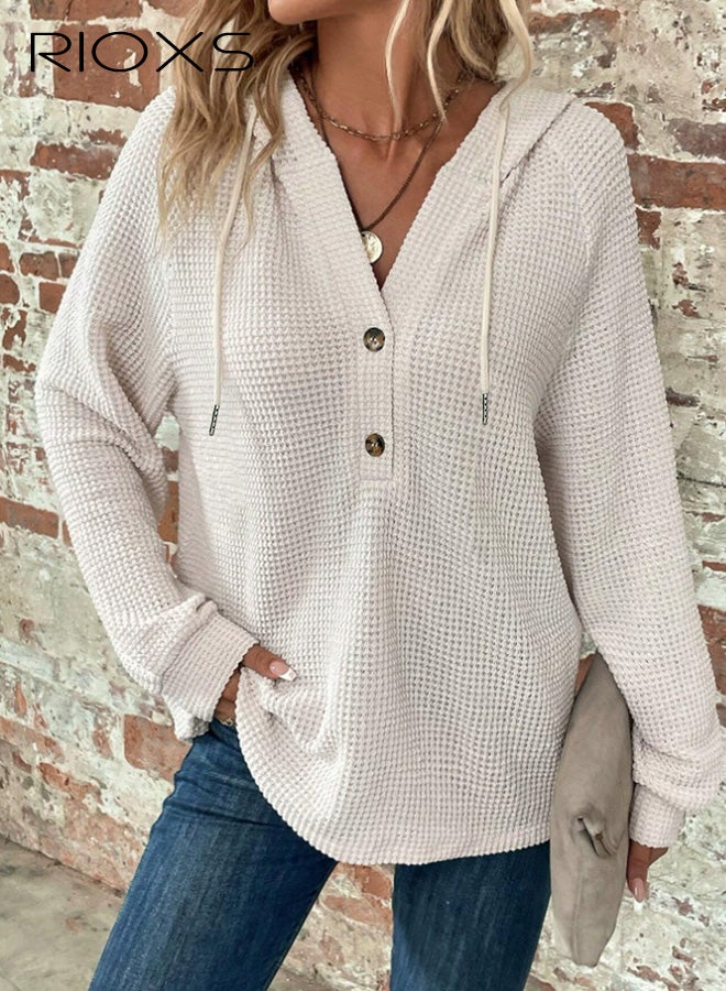 ريوكس بلوزات نسائية كبيرة الحجم من نسيج الوافل مع أزرار، بلوزات عصرية فضفاضة بأكمام طويلة وياقة على شكل V للسيدات، بلوزات بغطاء رأس وجيوب، بلوزات مريحة وخفيفة الوزن برباط للربط، ملابس شتوية وخريفية للمكتب والحفلات والمدرسة والجري والرياضة والنادي الرياضي والمزيد، باللون الأبيض - Image 1