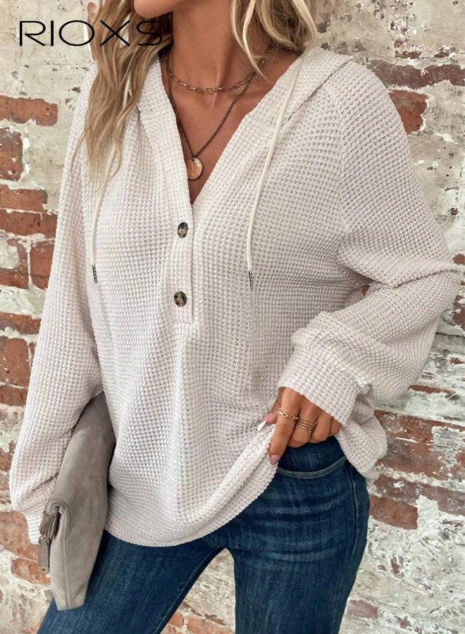 ريوكس بلوزات نسائية كبيرة الحجم من نسيج الوافل مع أزرار، بلوزات عصرية فضفاضة بأكمام طويلة وياقة على شكل V للسيدات، بلوزات بغطاء رأس وجيوب، بلوزات مريحة وخفيفة الوزن برباط للربط، ملابس شتوية وخريفية للمكتب والحفلات والمدرسة والجري والرياضة والنادي الرياضي والمزيد، باللون الأبيض - Image 5
