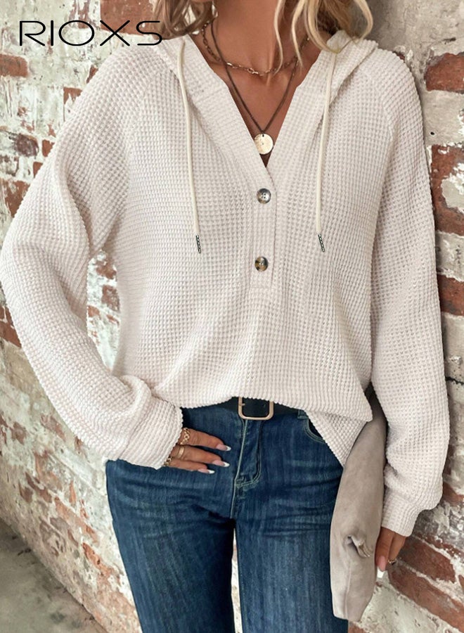 ريوكس بلوزات نسائية كبيرة الحجم من نسيج الوافل مع أزرار، بلوزات عصرية فضفاضة بأكمام طويلة وياقة على شكل V للسيدات، بلوزات بغطاء رأس وجيوب، بلوزات مريحة وخفيفة الوزن برباط للربط، ملابس شتوية وخريفية للمكتب والحفلات والمدرسة والجري والرياضة والنادي الرياضي والمزيد، باللون الأبيض - Image 4