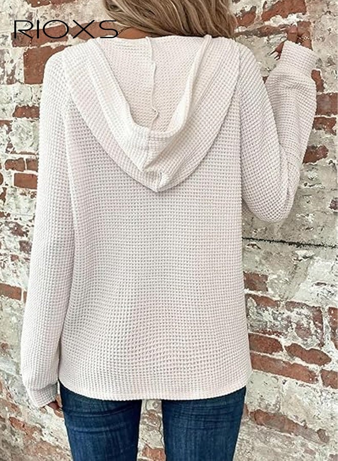 ريوكس بلوزات نسائية كبيرة الحجم من نسيج الوافل مع أزرار، بلوزات عصرية فضفاضة بأكمام طويلة وياقة على شكل V للسيدات، بلوزات بغطاء رأس وجيوب، بلوزات مريحة وخفيفة الوزن برباط للربط، ملابس شتوية وخريفية للمكتب والحفلات والمدرسة والجري والرياضة والنادي الرياضي والمزيد، باللون الأبيض - Image 3