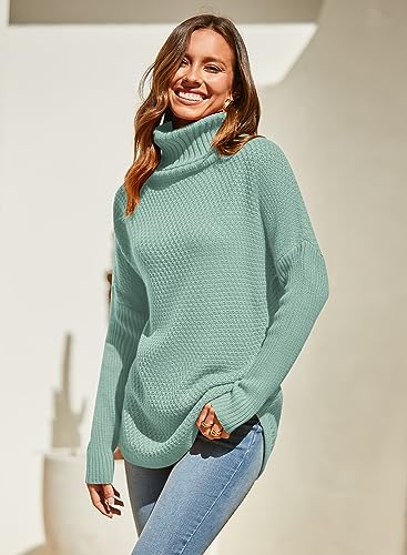 DOROSE Women Casual Sweaters Pullover Fall Turtleneck Oversized Knit Tunic Tops Sage Green - Image 2