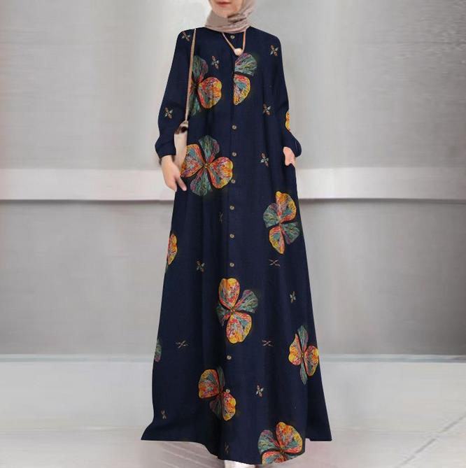 Spot cross-border foreign trade Womens cotton and linen printed shirt robe dress round neck vintage long sleeve large size dress Pink - Image 2