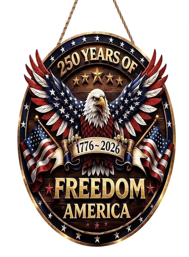 Apear1 250th Anniversary USA Merchandise 4th of July Door Sign American Eagle Door Wreath Patriotic Independence Day Door Hanger for Front Door Wooden Wall Decor Hanging Sign for Home Porch Outdoor (250th Anniversary) - Image 1