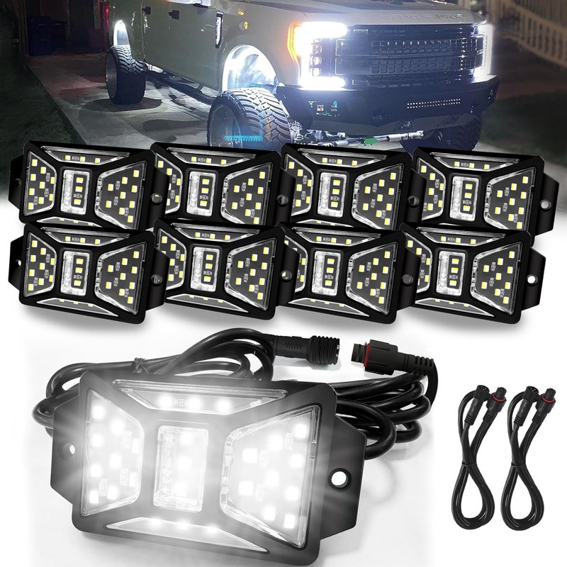 Auto Buero 8 Pods Pure White Rock Lights with 2 Pack Connectors Extension Wires,Waterproof Rock Lights Compatible with Trucks Jeep UTV SUV ATV Boat Golf Cart, Mess Free Two-Path Wiring Underglow Kits - Image 1