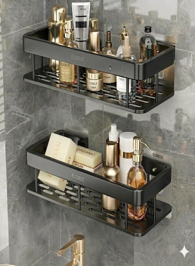EUDELE Aluminium Pack of 2, Self Adhesive Bathroom Shelf for Wall Shelf Organizer Wall Mounted Bathroom Shelves Rack Holder Stand for Bathroom Accessories Organiser Without Drill Black - Image 1
