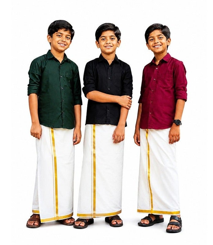 Boys' Premium Cotton White Kasavu Dhoti with Elegant Golden Zari Border – Traditional Kids Ethnic Veshti / Mundu for Onam, Pongal, Puja, and Festivals