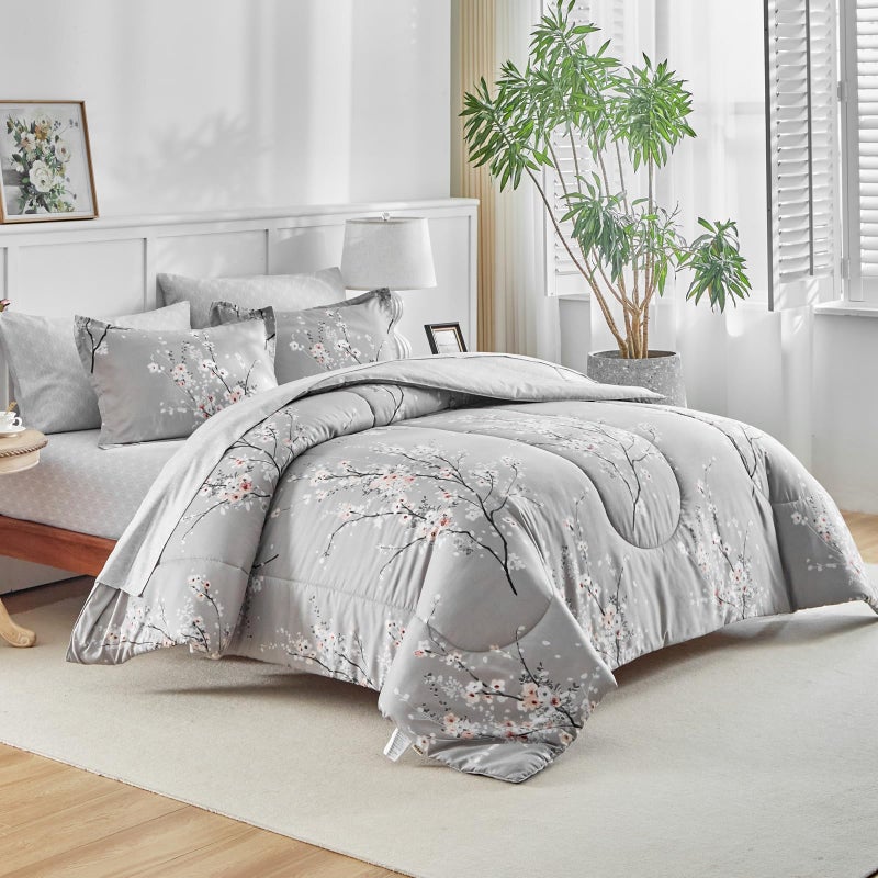 AIKASY Bed in a Bag 7 Pieces Queen Size - Floral Print - Soft Microfiber, Reversible Bed Comforter Set (1 Comforter, 2 Pillow Shams, 1 Flat Sheet, 1 Fitted Sheet, 2 Pillowcases)ï¼ˆGrey, Queenï¼‰ - Image 3