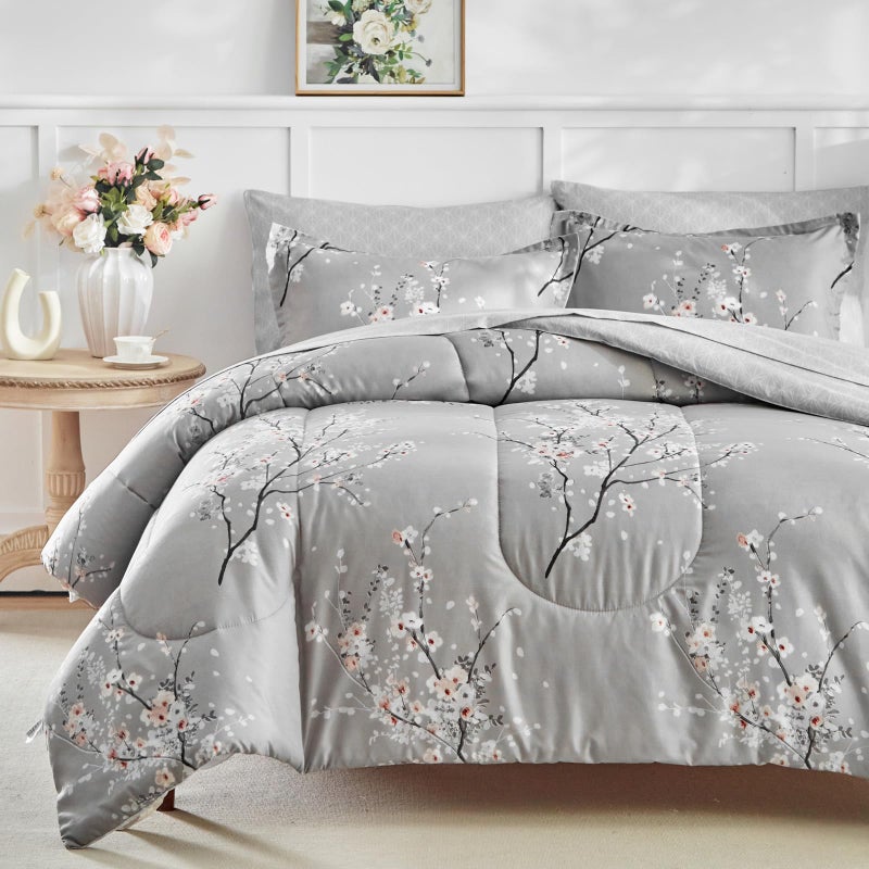 AIKASY Bed in a Bag 7 Pieces Queen Size - Floral Print - Soft Microfiber, Reversible Bed Comforter Set (1 Comforter, 2 Pillow Shams, 1 Flat Sheet, 1 Fitted Sheet, 2 Pillowcases)ï¼ˆGrey, Queenï¼‰ - Image 2