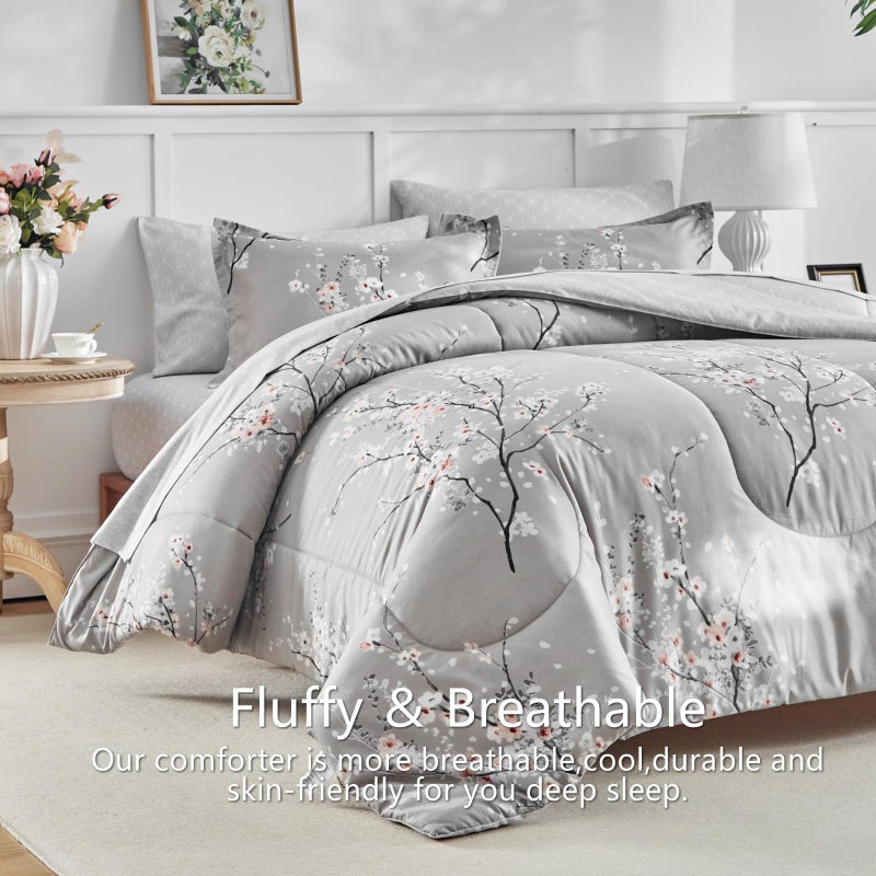 AIKASY Bed in a Bag 7 Pieces Queen Size - Floral Print - Soft Microfiber, Reversible Bed Comforter Set (1 Comforter, 2 Pillow Shams, 1 Flat Sheet, 1 Fitted Sheet, 2 Pillowcases)ï¼ˆGrey, Queenï¼‰ - Image 4