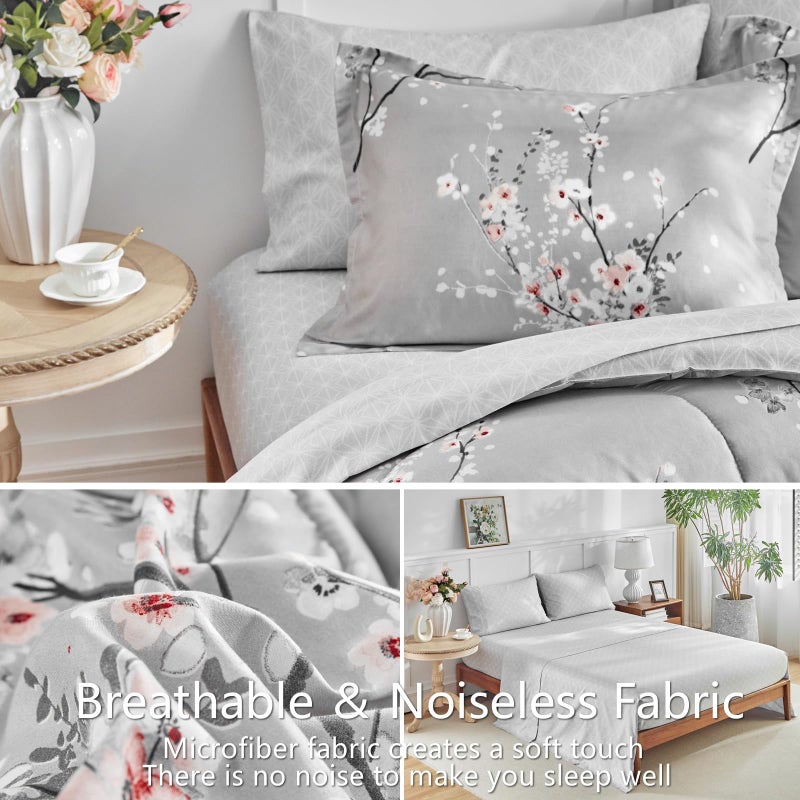 AIKASY Bed in a Bag 7 Pieces Queen Size - Floral Print - Soft Microfiber, Reversible Bed Comforter Set (1 Comforter, 2 Pillow Shams, 1 Flat Sheet, 1 Fitted Sheet, 2 Pillowcases)ï¼ˆGrey, Queenï¼‰ - Image 5