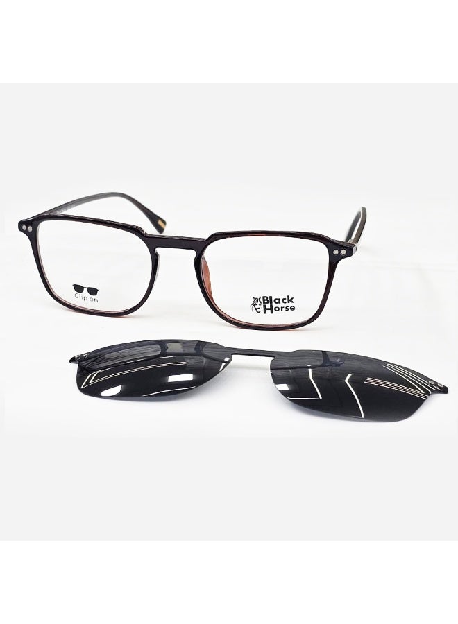 Men’s eyeglasses made of lightweight and durable TR material, offering excellent comfort for daily use. The acetate temples come with spring hinges for added flexibility and a secure, comfortable fit. Includes a flat Polarized Clip-On lens that attaches instantly, transforming the frame into stylish sunglasses with reduced glare and enhanced outdoor visibility.  A practical and modern choice for work, driving, and everyday wear.