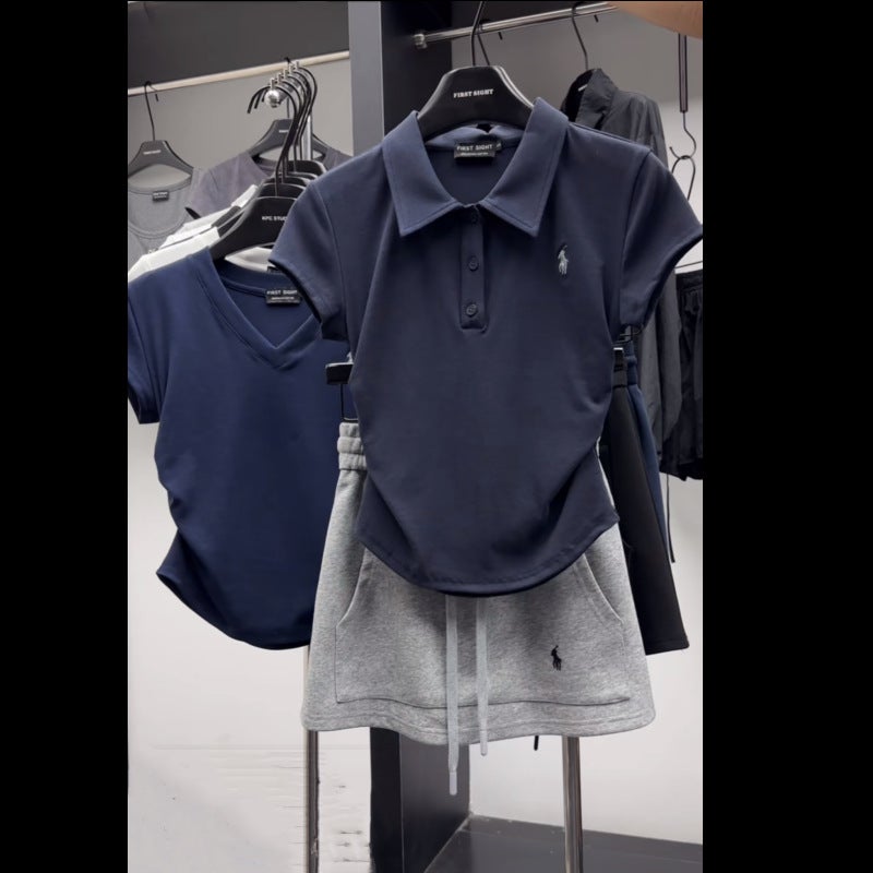 Color Blocking Slimming POLO Collar Embroidery Short Sleeves + Elastic Waist Half Body Casual Mini Dress Two-Piece Suit For Wome White Skirt - Image 2