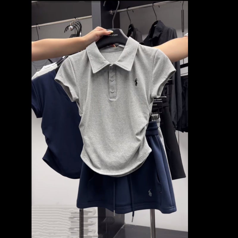 Color Blocking Slimming POLO Collar Embroidery Short Sleeves + Elastic Waist Half Body Casual Mini Dress Two-Piece Suit For Wome White Skirt - Image 4
