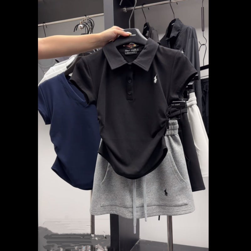Color Blocking Slimming POLO Collar Embroidery Short Sleeves + Elastic Waist Half Body Casual Mini Dress Two-Piece Suit For Wome White Skirt - Image 5