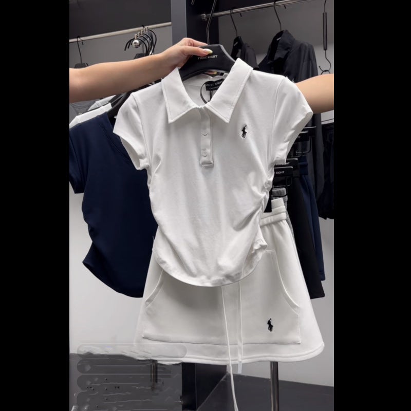 Color Blocking Slimming POLO Collar Embroidery Short Sleeves + Elastic Waist Half Body Casual Mini Dress Two-Piece Suit For Wome White Skirt - Image 1