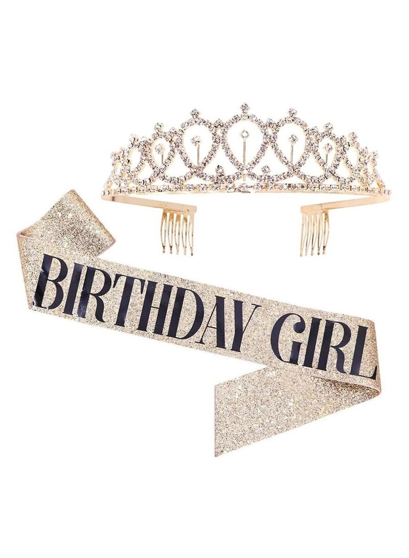MARGOUN Birthday Girl Sash and Rhinestone Diamond Tiara Set for Girls Gold color