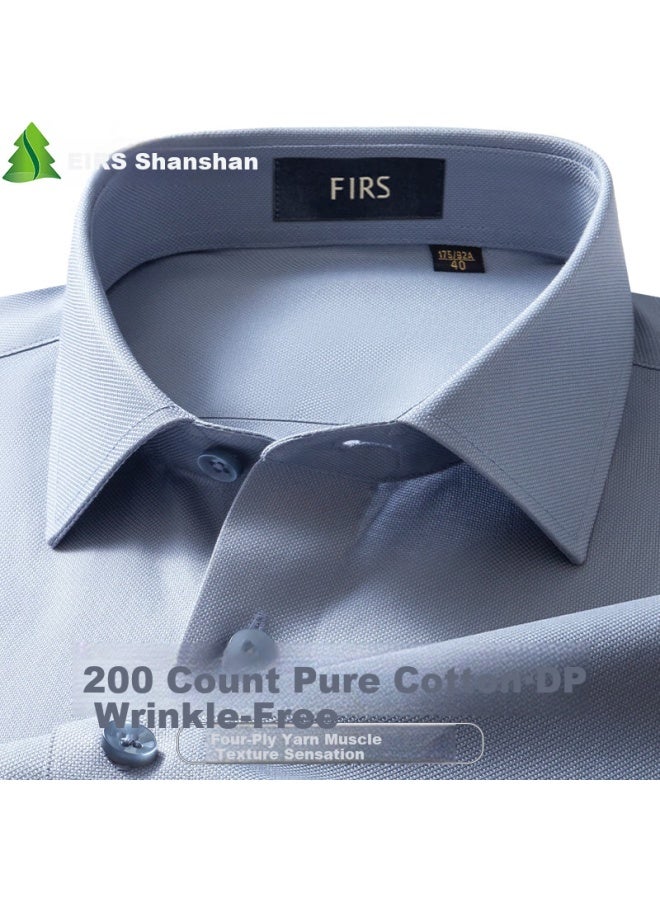 Firs Men's Long Sleeve Dress Shirt, Wrinkle-resistant, Easy-care, High-quality Pure Cotton Shirt, Gray Blue, Size 40