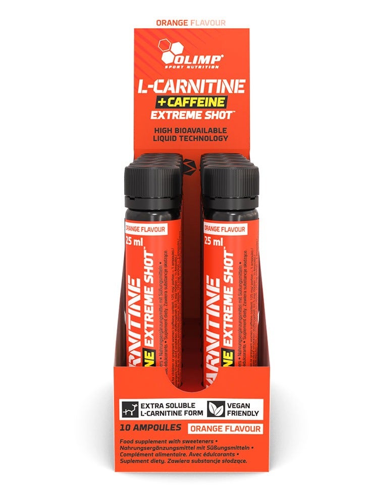 أولمب سبورت نيوتريشن إل-كارنيتين + كافيين إكستريم شوت برتقال 25 مل، عبوة من 10 قطع، مشروب خالي من السكر لدعم الطاقة والتمثيل الغذائي مع فيتامين ب6 - Image 1