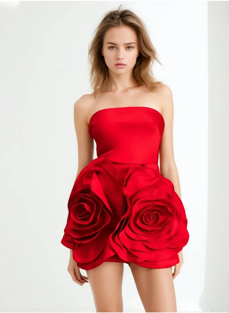 Madam Uniq Elegant Strapless A-Line Dress with 3D Rose Flower Applique for Women