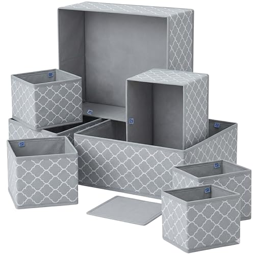 Skrill 8-Piece Foldable Cloth Storage Box Set | Cube Baskets, Bins & Dividers for Closet & Dresser Drawer Organization | Storage for Shirts, Pants, Underwear, Bras, Socks & More (Quatrefoil Grey) - Image 1