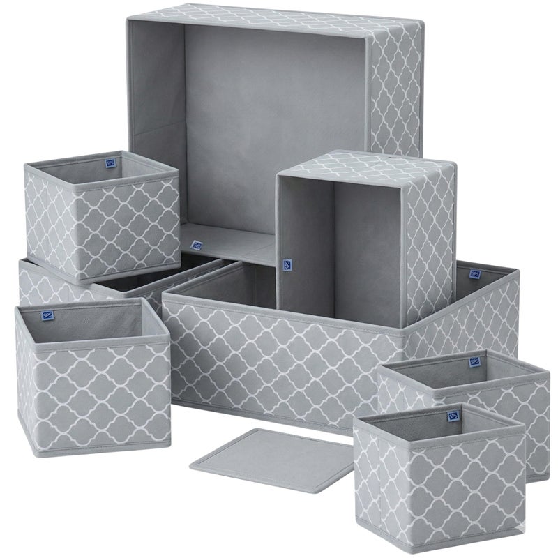 Skrill 8-Piece Foldable Cloth Storage Box Set | Cube Baskets, Bins & Dividers for Closet & Dresser Drawer Organization | Storage for Shirts, Pants, Underwear, Bras, Socks & More (Quatrefoil Grey) - Image 4