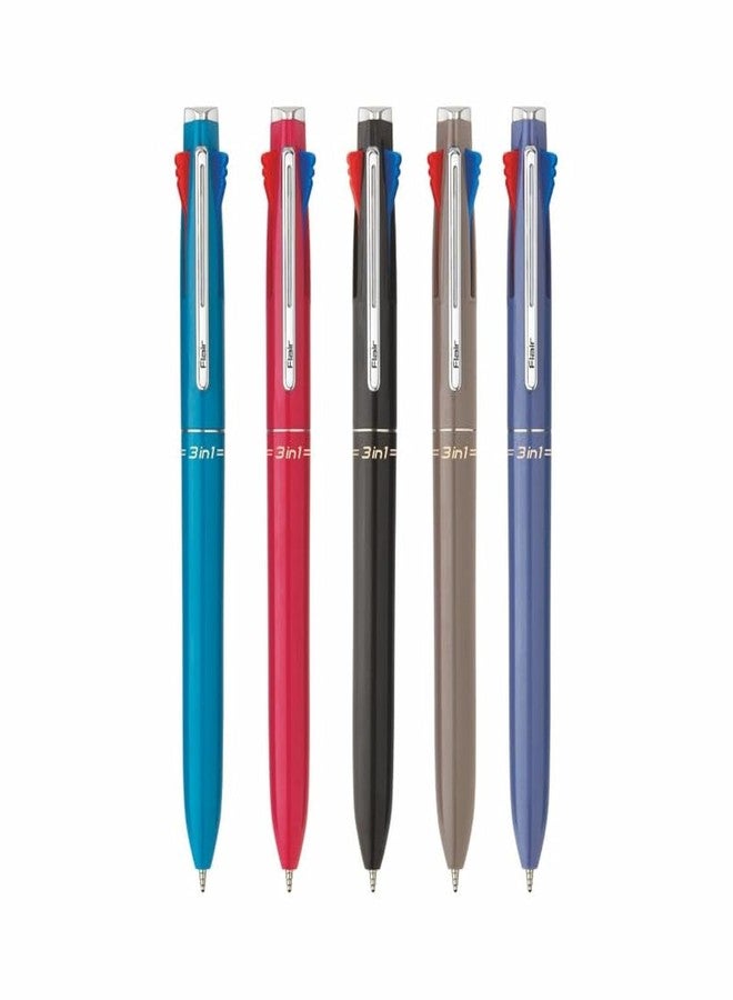 FLAIR 3 in 1 Retractable Ball Pen | 3 Ink Colors in One Pen | Multi Use Pen for Pleasant Writing Experience | Effortless Writing with Sleek Clip Design | Blue, Black & Red Ink, Pack of 5 - Image 1