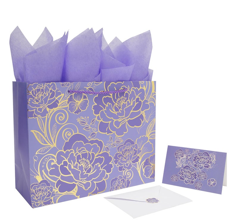 Qirrmiy 13 Large Rose Purple Gift Bag Set with Greeting Card and Tissue Paper for Women or Girls for Celebrating Birthdays Valentines Day Weddings Anniversaries Mothers Day