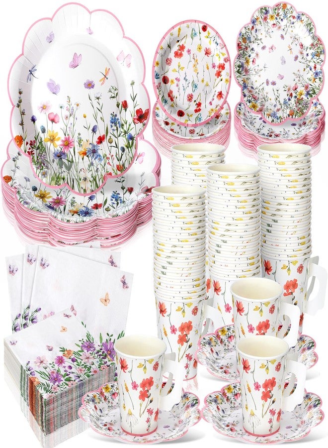Pickmesh 252 Pcs Floral Tea Party Supplies for 36 Guests Wildflower Paper Disposable Dinnerware Floral Teacups with Handle and Saucers Sets for Tea Party Decorations Birthday Baby Shower Wedding - Image 1