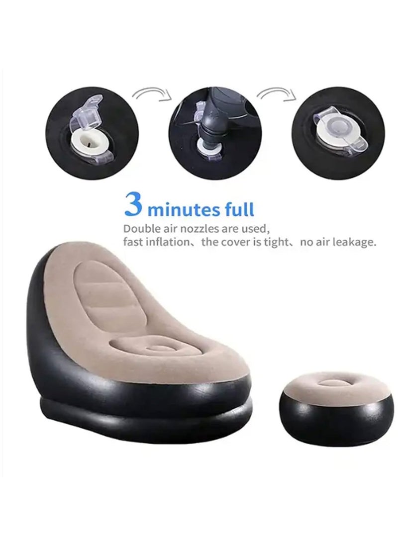 Thickened flocking inflatable sofa, lazy sofa bed footstool set, outdoor foldable air cushion recliner, PVC material, maximum load 100 kg Brown