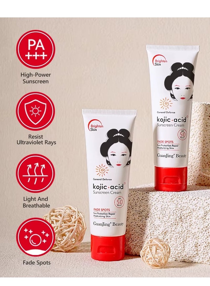 GuanJing Beauty Pack of 2 Kojic Acid Sunscreen Cream SPF50 80g for Face and Body with Dark Spot Fading and Sun Protection - Image 5