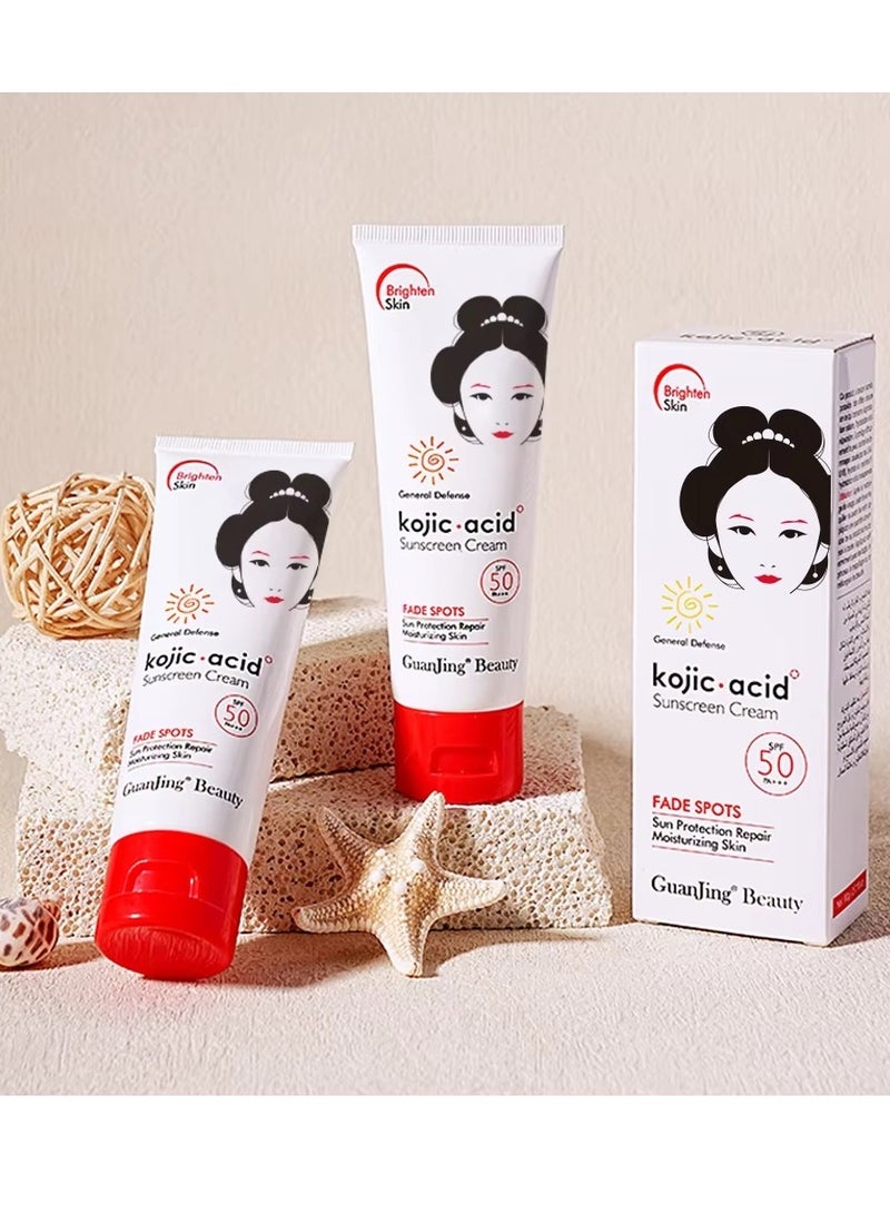 GuanJing Beauty Pack of 2 Kojic Acid Sunscreen Cream SPF50 80g for Face and Body with Dark Spot Fading and Sun Protection - Image 3