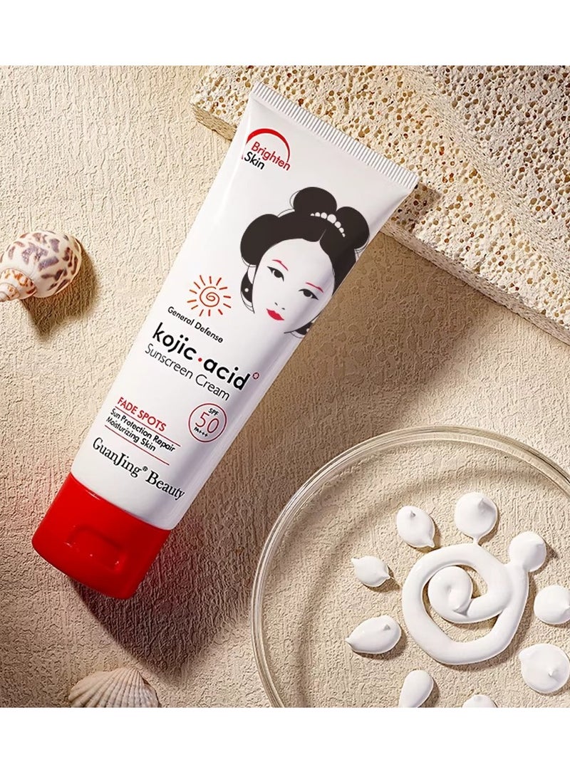 GuanJing Beauty Pack of 2 Kojic Acid Sunscreen Cream SPF50 80g for Face and Body with Dark Spot Fading and Sun Protection - Image 4