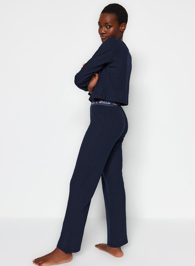 trendyol Navy Blue Slogan Elastic Detailed Ribbed Knitted Pajama Set THMAW21PT0269 - Image 4