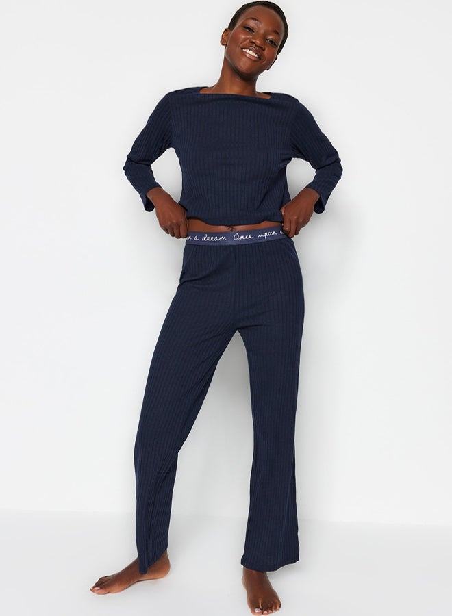 trendyol Navy Blue Slogan Elastic Detailed Ribbed Knitted Pajama Set THMAW21PT0269 - Image 3